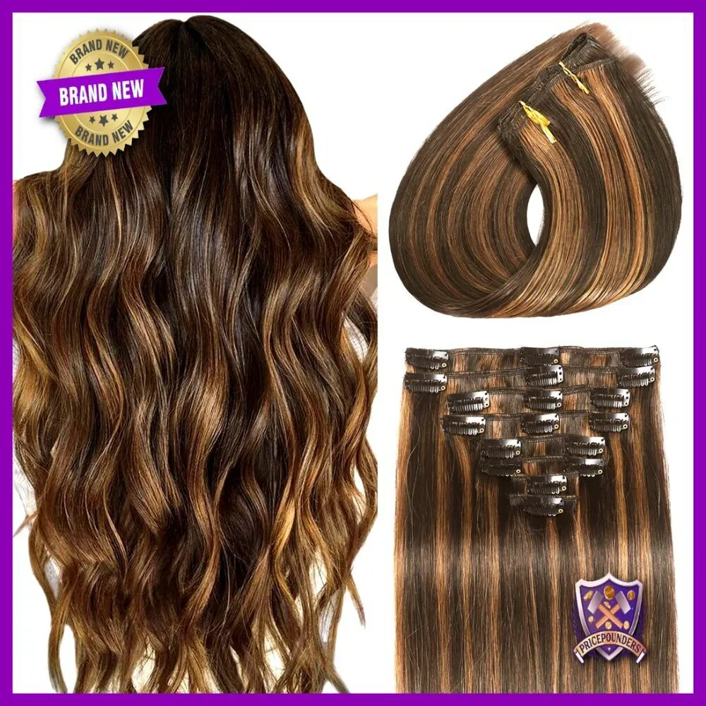 8Pcs Clip In Human Hair Extensions 16 Inch Straight Double Weft